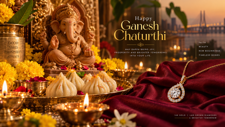 Eco-friendly clay Ganesha idol on a festive home altar with fresh marigold garlands, steamed modaks, and an exquisite Kama Jewelry diamond pendant