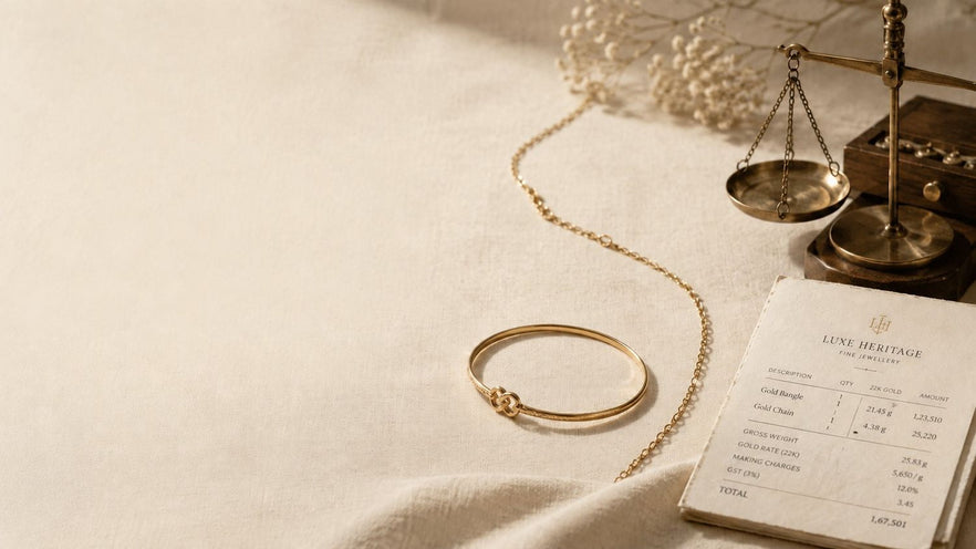 Gold bangle and chain on linen Features image.